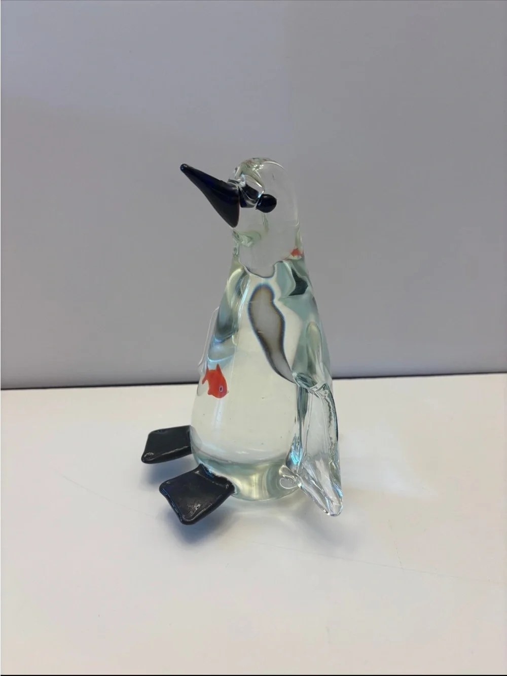 Clear Glass Penguin Fish Ornament with Orange Accent